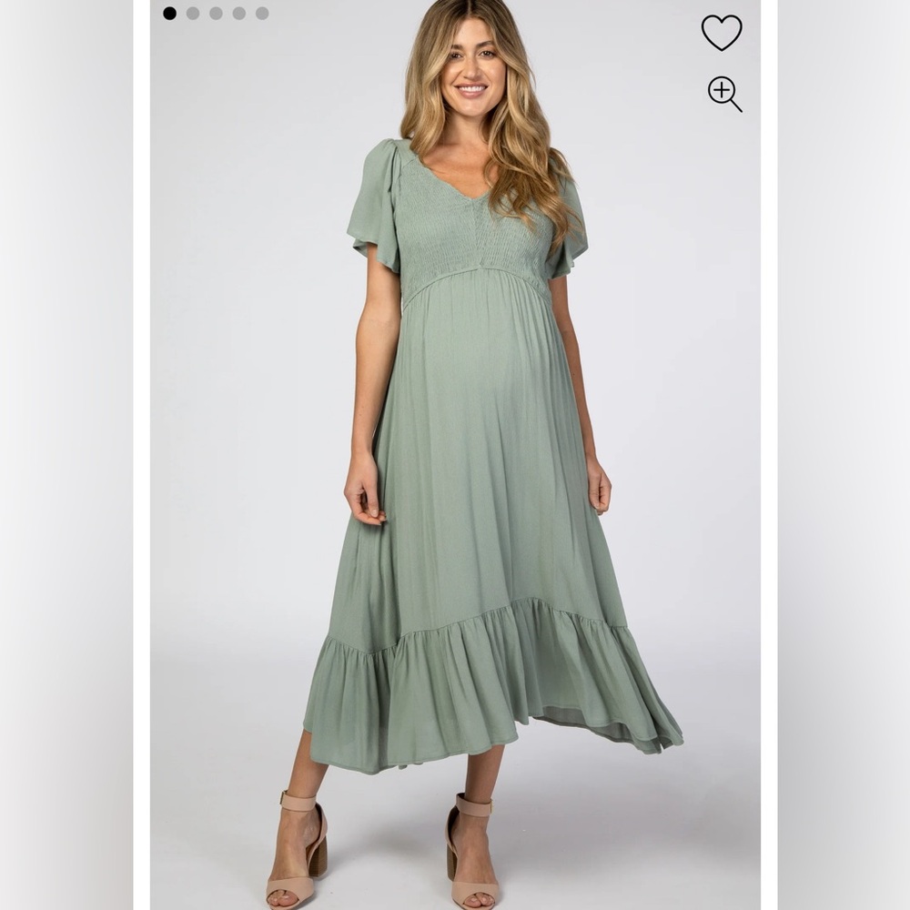 Pinkblush Light Olive Smocked V-Neck Maternity Midi Dress Small